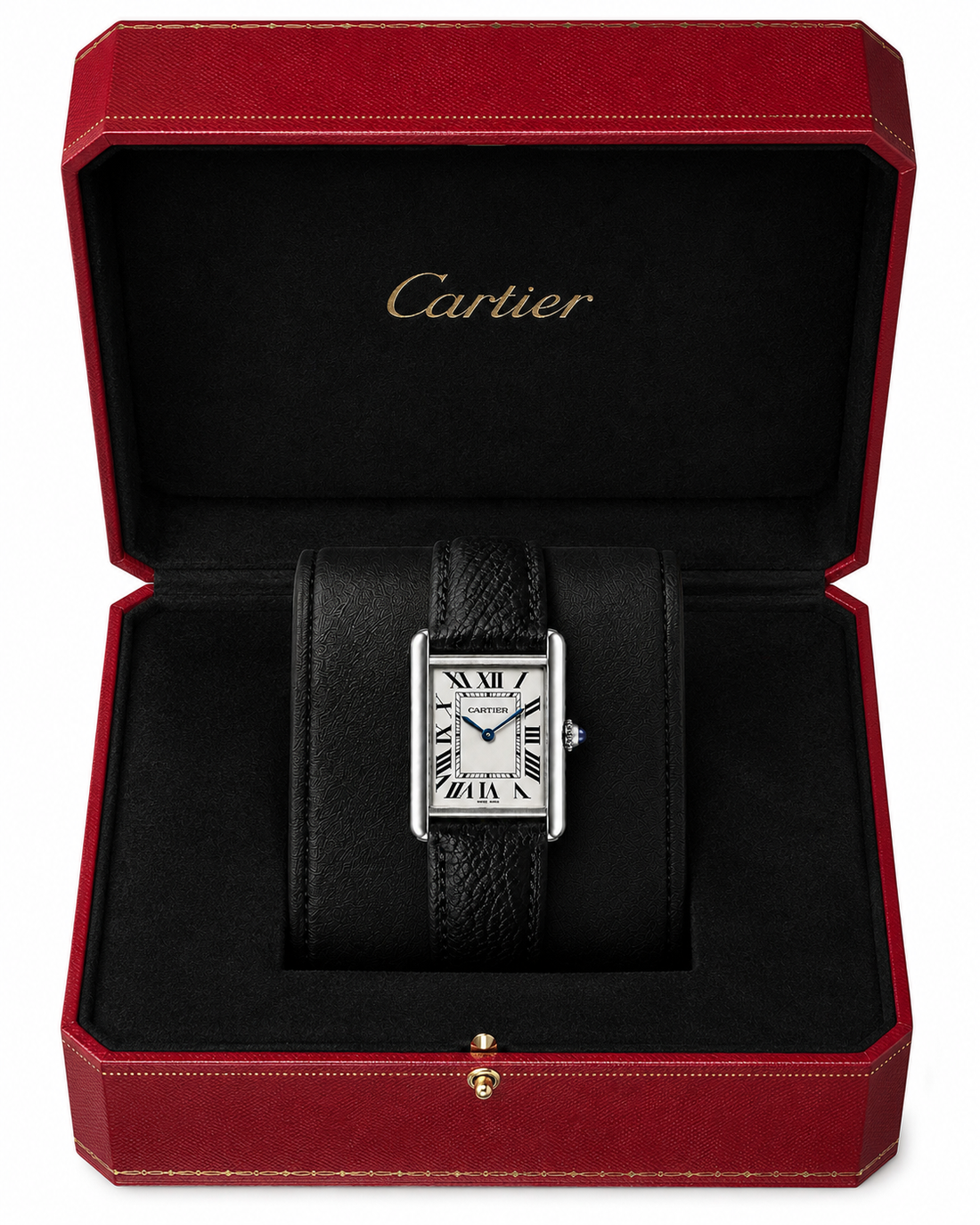 Cartier Tank Must White Dial Black Leather Strap Dress Watch